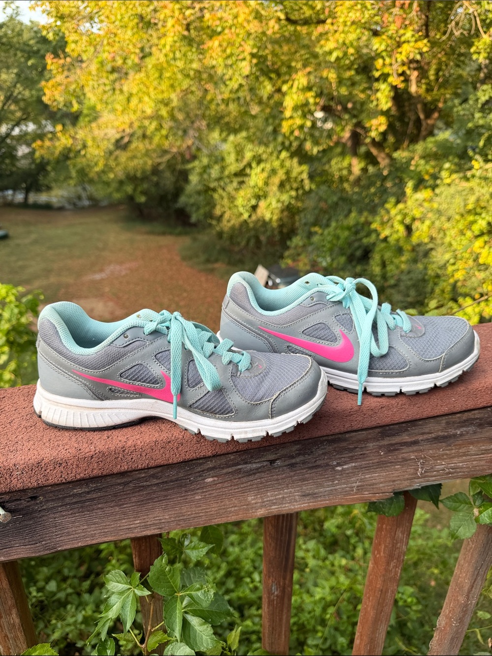 Nike Women's Gray Athletic Sneakers with Pink Swoosh and Mint Laces